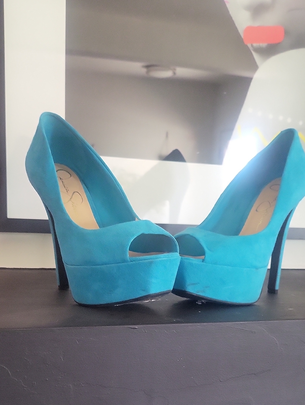 Jessica Simpson Turquoise Suede Peep-Toe Platform Pumps